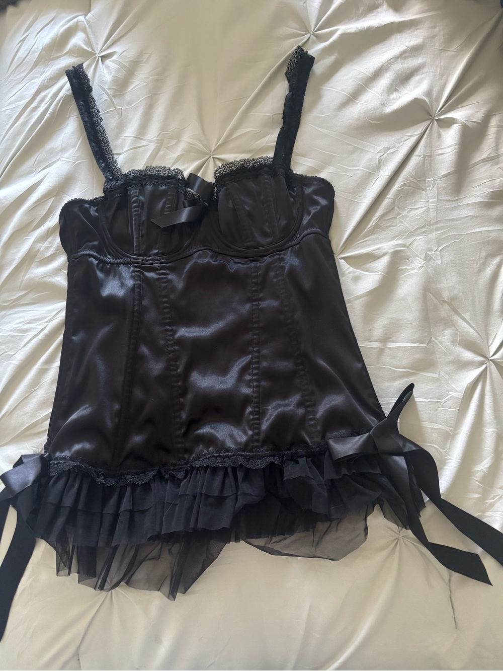 Vintage LaSenza Black Satin Lace Trim Bustier Coreset